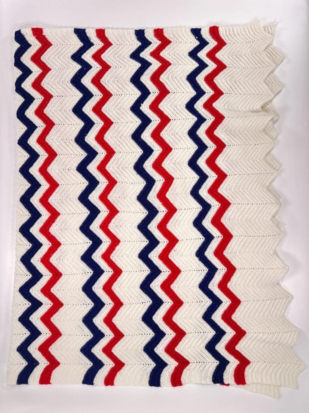 Handmade Red White Blue Chevron Crochet Afghan Blanket Throw 58x36